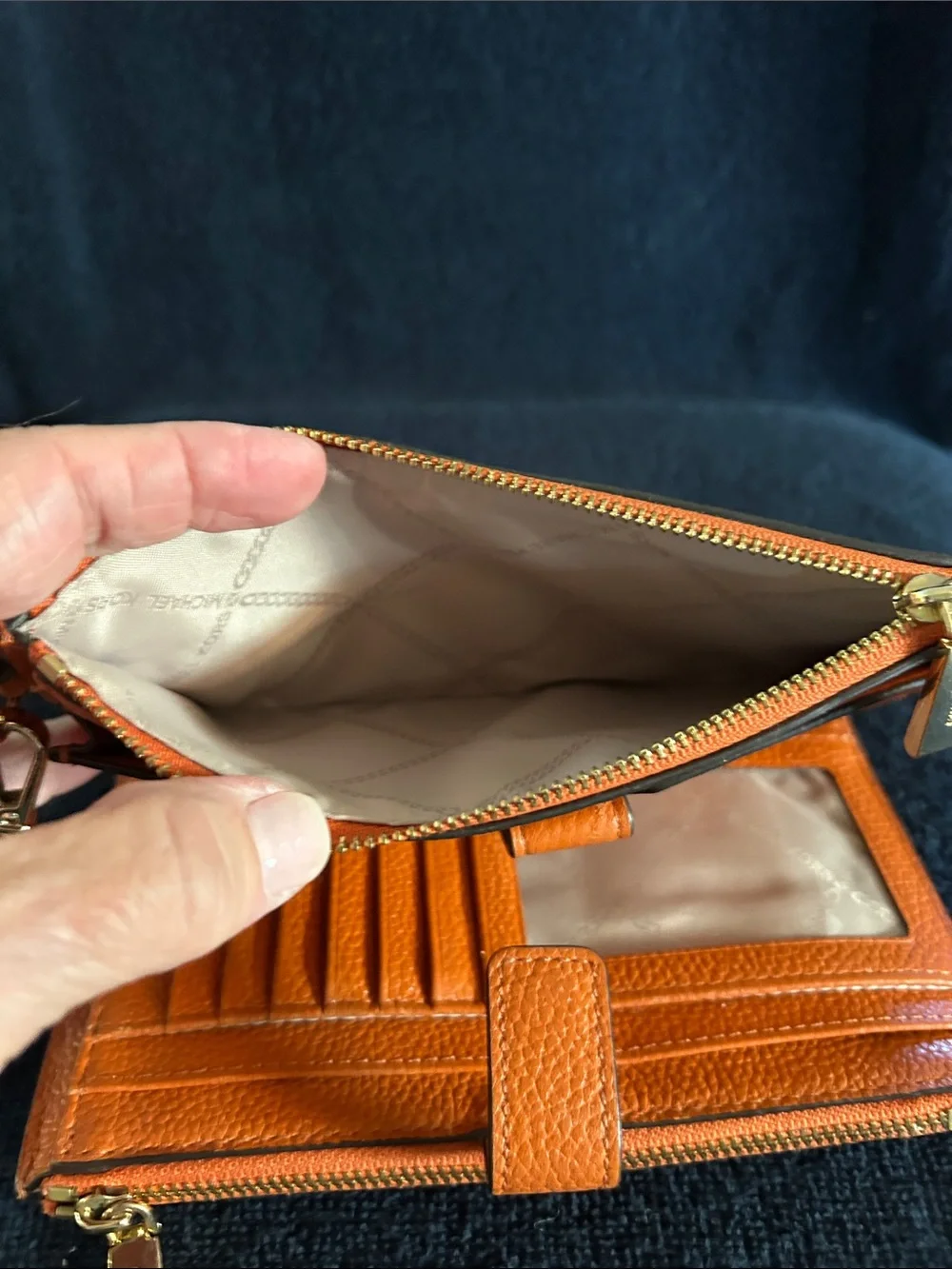 Michael Kors Adele Smartphone Orange Pebbled Leather Wristlet Clutch Gold Logo